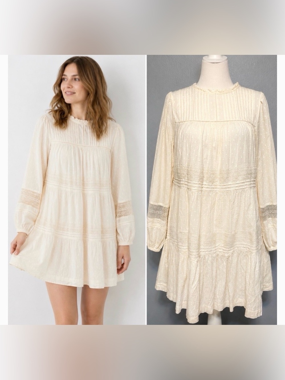 Old Navy Long-Sleeve Pintucked Clip-Dot Mini Swing Dress in Cream Size M